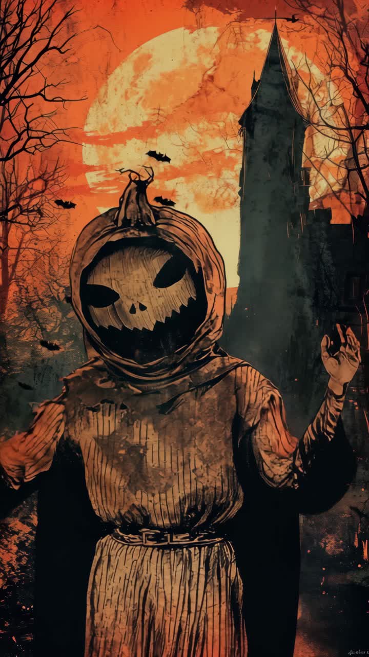 Eerie Halloween scene with a hooded figure and pumpkin head, shot from a low angle