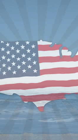bandeira americana ondulando sobre os eua mapa sobre listras radiais contra a vista da praia