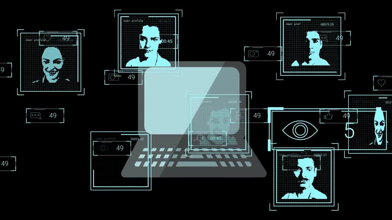 animación de las reacciones de las redes sociales, los usuarios y la computadora portátil sobre fondo negro