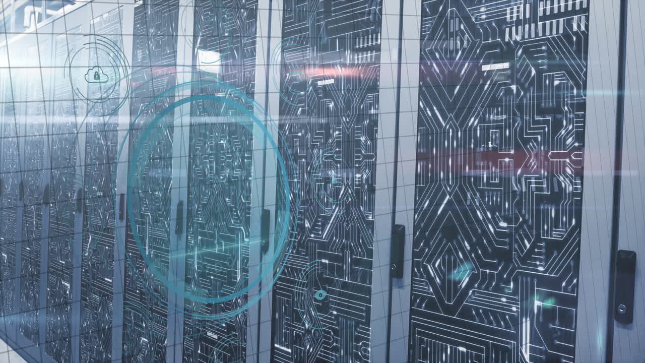 Animation of data protection over round scanner and microprocessor connections against server room