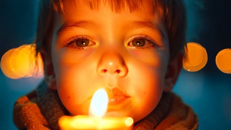 a little boy holding a lit candle in his hand