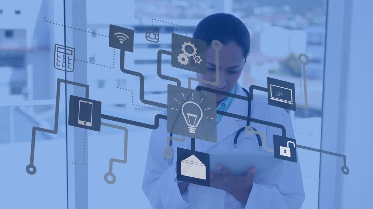 Animation of network of digital icons over female doctor using digital tablet at hospital