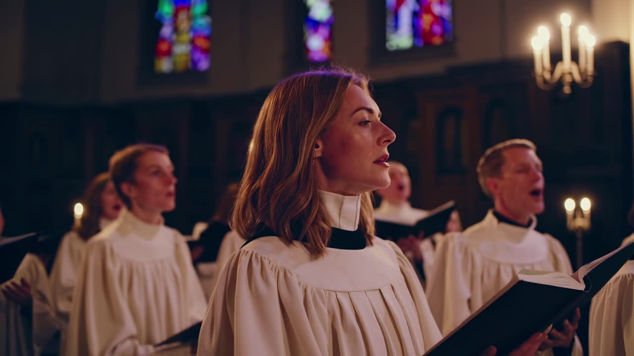 Chor singt Kirchenlieder in einer großen historischen Kirche