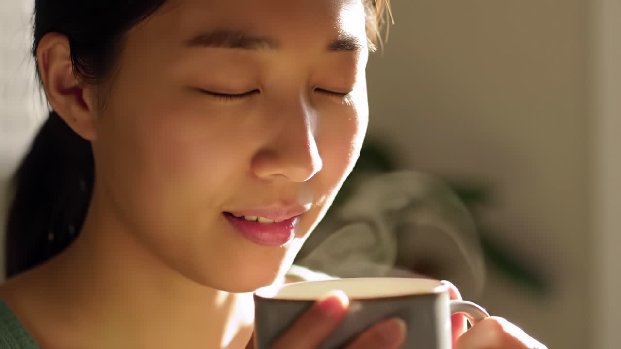 A Serene Moment of Tranquility: Embracing the Warmth and Aroma of a Freshly Brewed Beverage in a Calm and Cozy Morning Setting