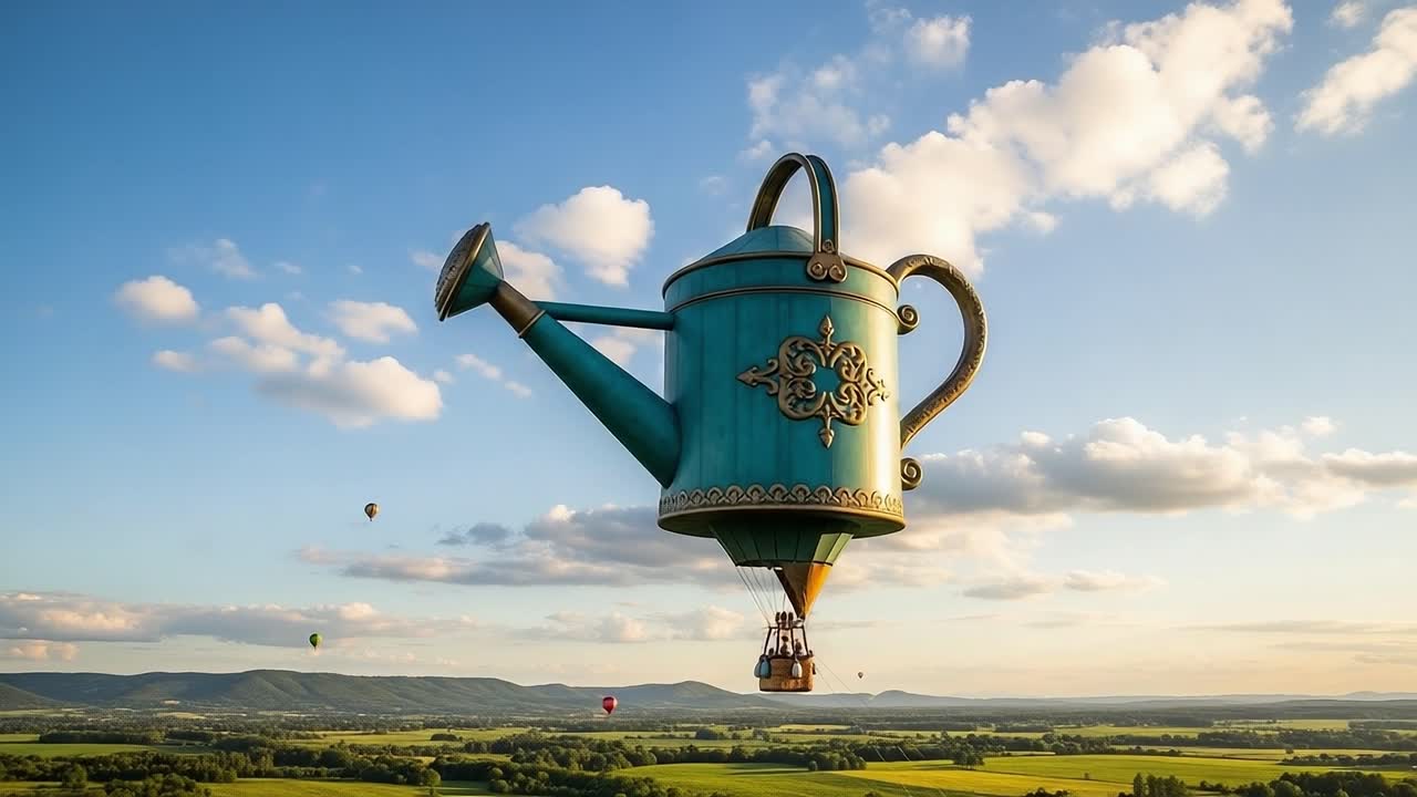 A whimsical hot air balloon shaped like a giant watering can floats majestically over lush greenery, showcasing a blend of creativity and adventure in the sky