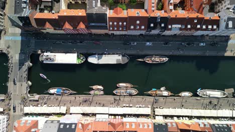 aerial top down nyhavn harbor, copenhagen, denmark