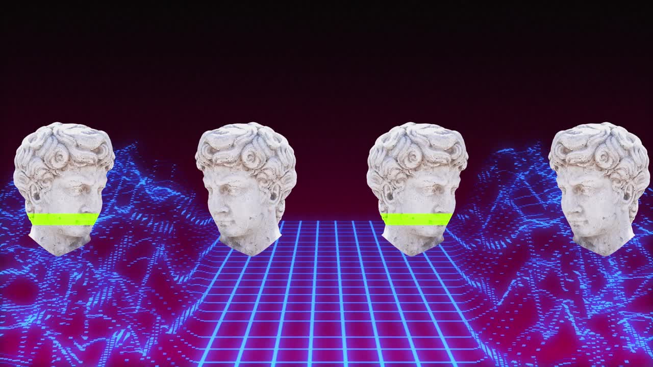 메타버스 배경에 있는 고대 머리 조각의 애니메이션