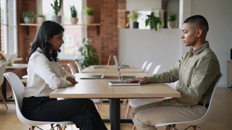 Starting meeting in office, duo in workwear leaning forward, one keeping hand on notebook, laptops