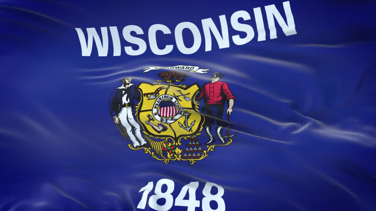 Wisconsin (U.S. state) flag waving in the wind with highly detailed fabric texture. Seamless loop