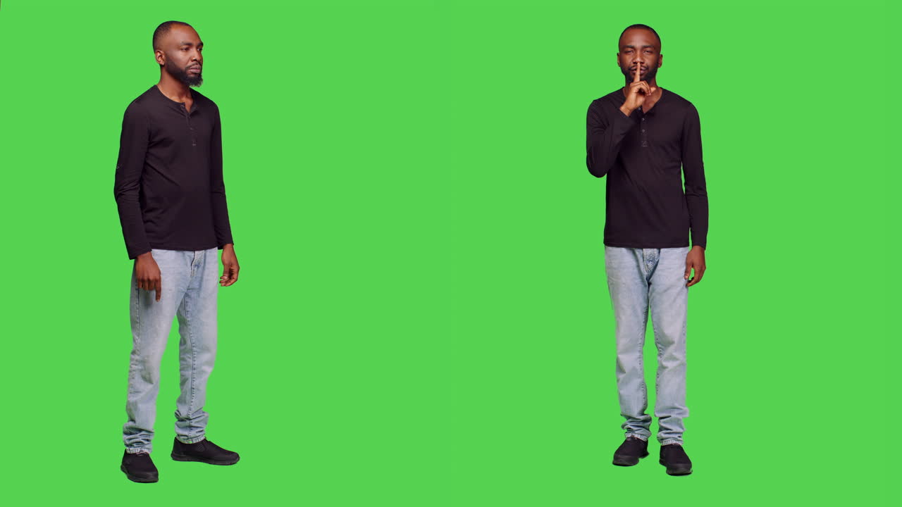 Man with finger on lips on green screen