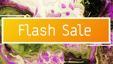 Animation-of-text-flash-sale-in-orange-banner,-over-swirling-pink-and-green-background