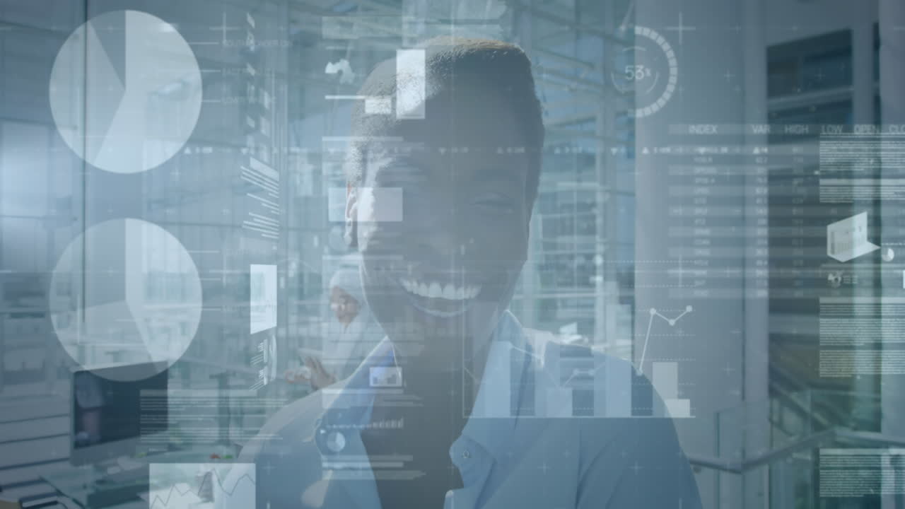 Animation of financial data processing over businesswoman smiling in office