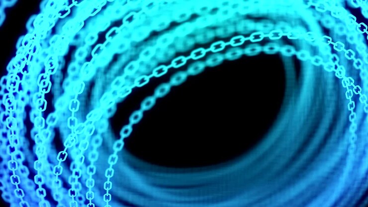 Abstract moving Chain pattern blue gradient color circle shape, Mining Bitcoin Cryptocurrency concept design glowing in the black background, seamless looping animation 4K with copy space