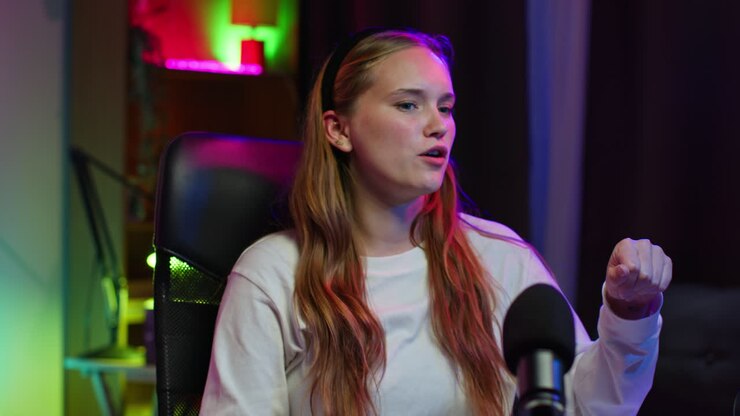 Woman Streaming or Podcasting in a Home Studio