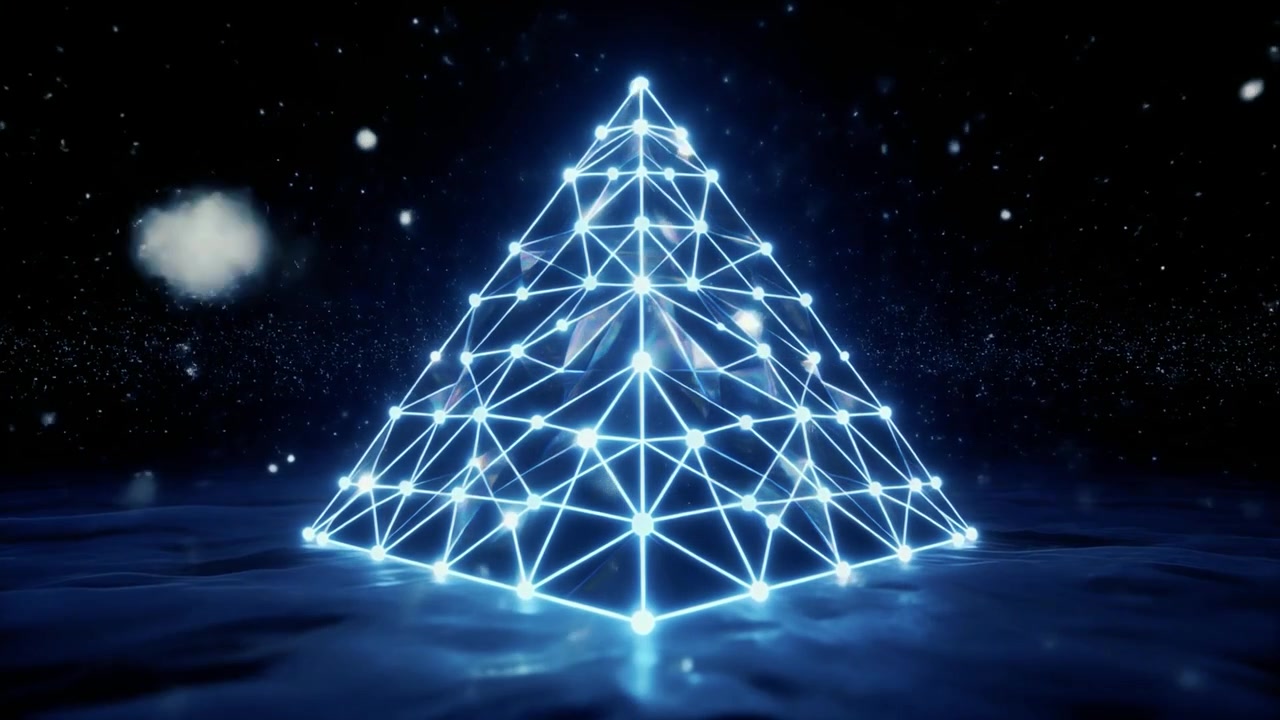 Piramide digitale luminosa con mesh di rete che fluttua sopra una superficie scura
