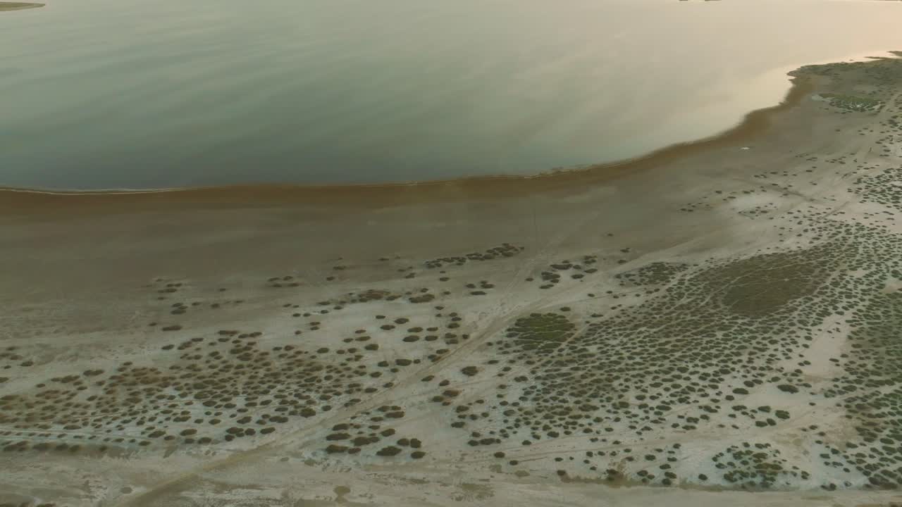 Aerial footage of footprints on coast of Rann of Kutch Tharparkar in Sindh during evening.