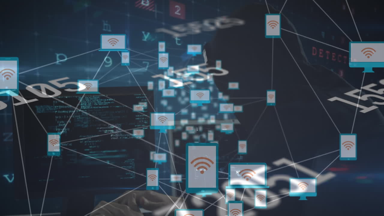 Animation of cyber attack warning and network of connections over hacker using computer