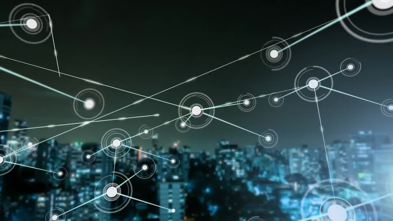 conectores que se mueven en el paisaje urbano de fondo