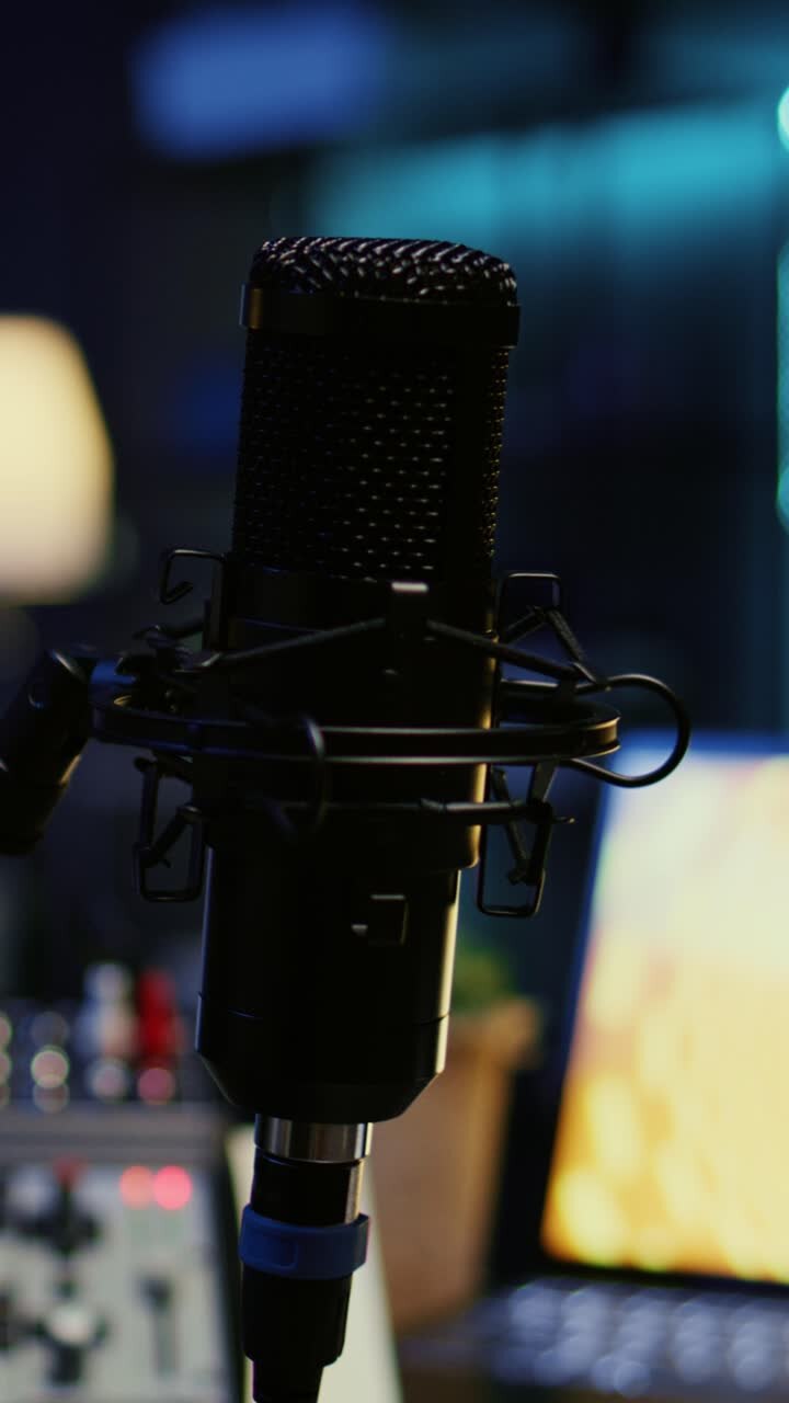 Video verticale. Zoom su microfono professionale in studio scarsamente illuminato utilizzato per la registrazione audio durante un programma su internet