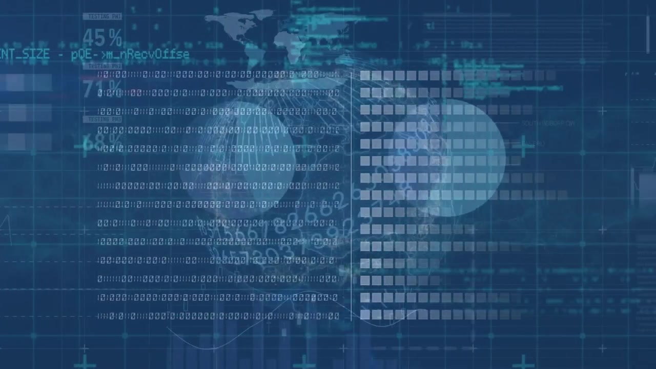 Animation of data processing over spinning globe against blue background