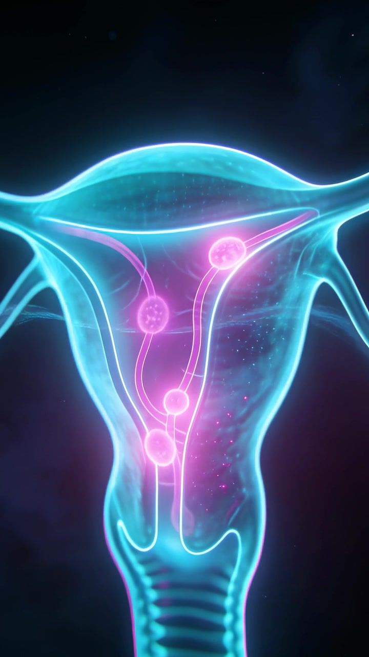 Video verticale: Mostra un contorno ciano che avvia l'utero inviando nodi magenta lungo tubi e cavità.