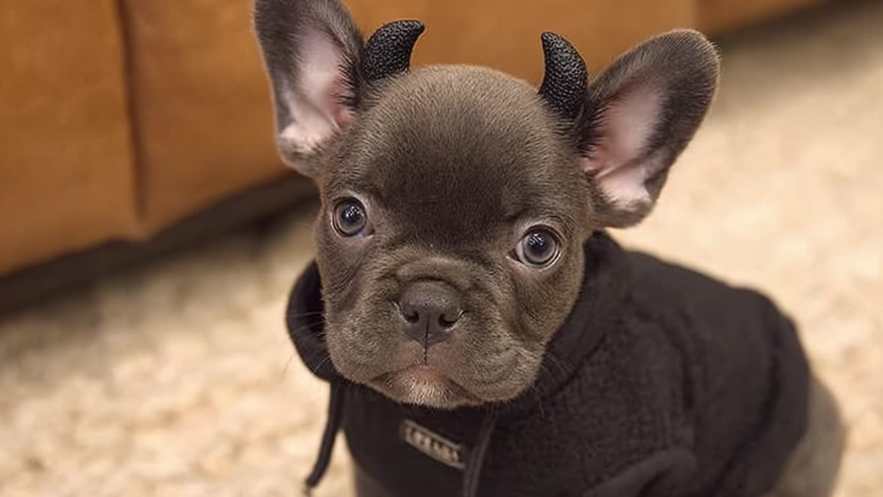 Adorable French Bulldog Puppy with Unique Black Horns Poses in Cozy Sweater, Captivating Hearts with Its Expressive Eyes and Playful Charm