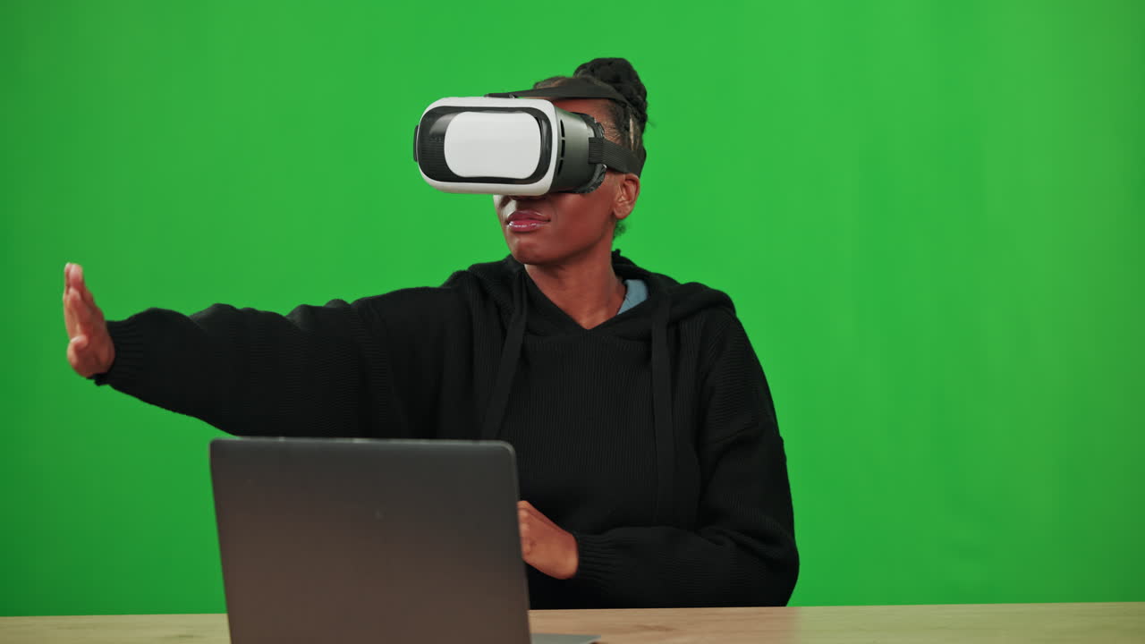 Headset, green screen or happy black woman in vr