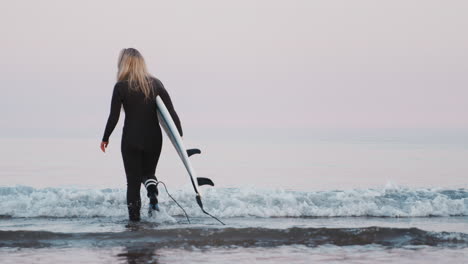 Rückansicht-Einer-Frau-Im-Neoprenanzug-Mit-Surfbrett,-Die-Ins-Meer-Läuft