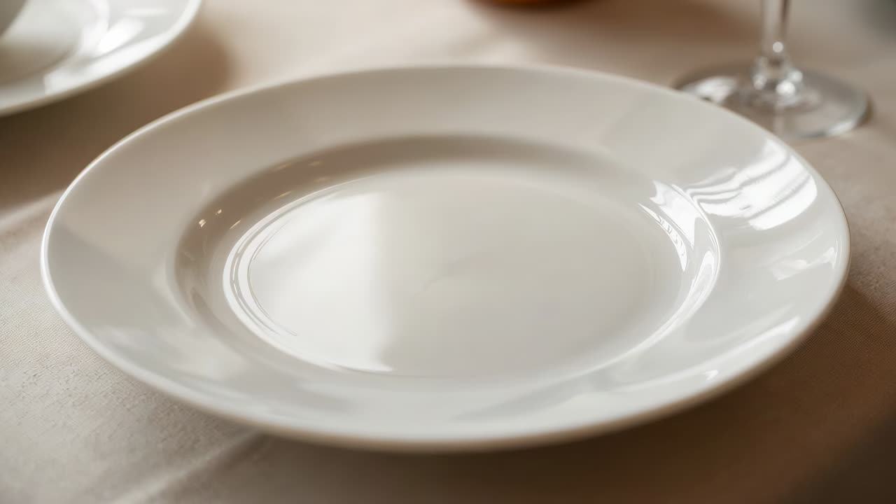 Shifting camera revealing white plate centered on table for service with wine glass and bread roll