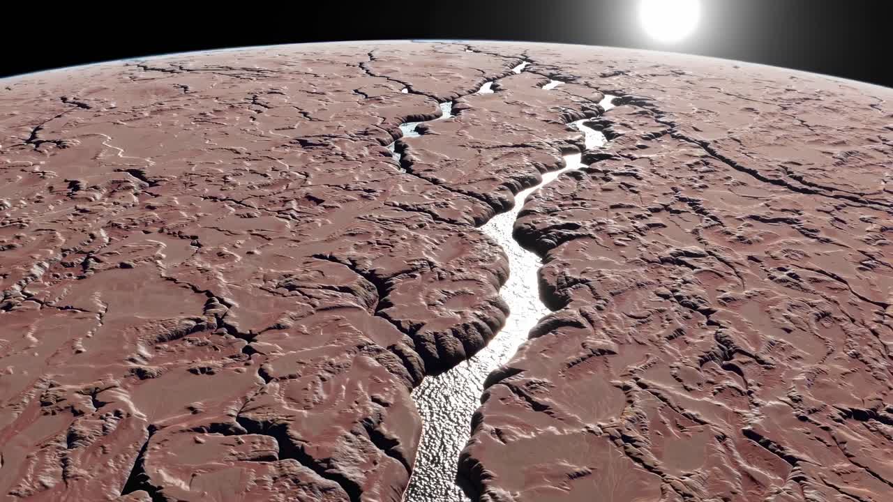 Dried-out alien planet with canyons