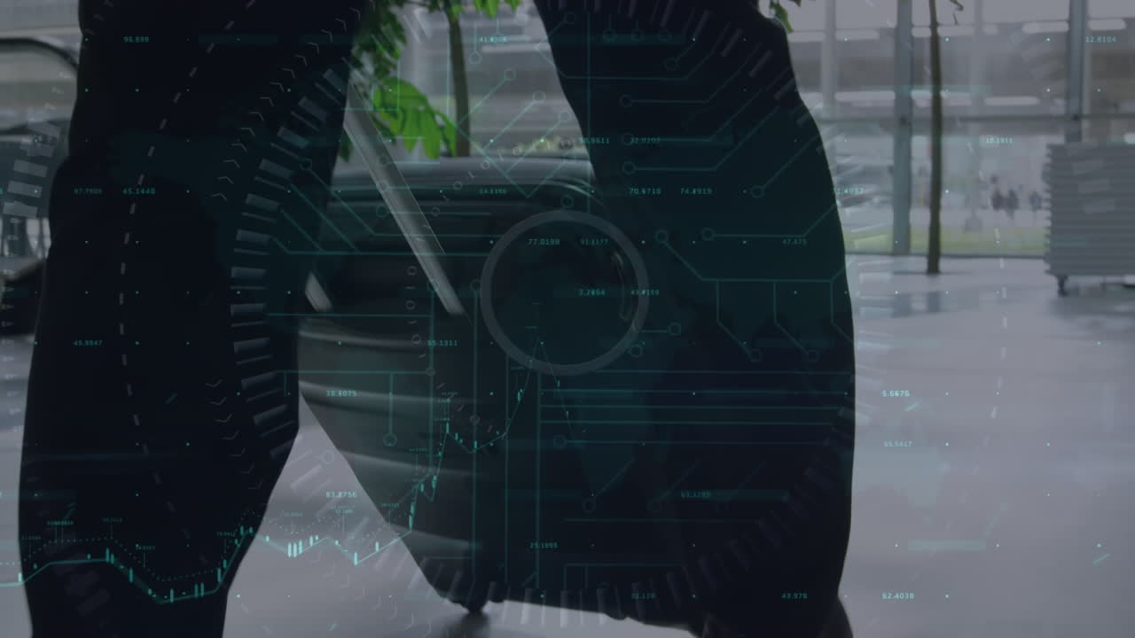 Scope scanning and data processing over low section of businessman walking with a trolley bag