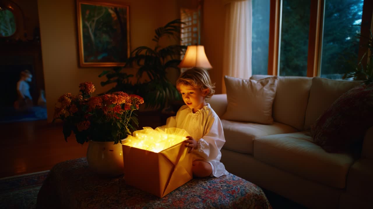 A Young Child's Delight: Unveiling the Mystery Inside a Glowing Box in a Cozy Living Room, Surrounded by Nature and Beautiful Flowers, Sparkling with Wonder and Anticipation on a Tranquil Evening