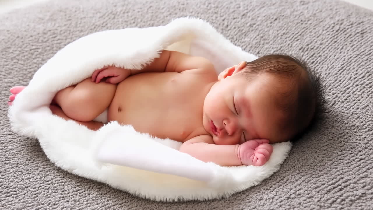 Neonato che dorme beatamente avvolto in una coperta bianca