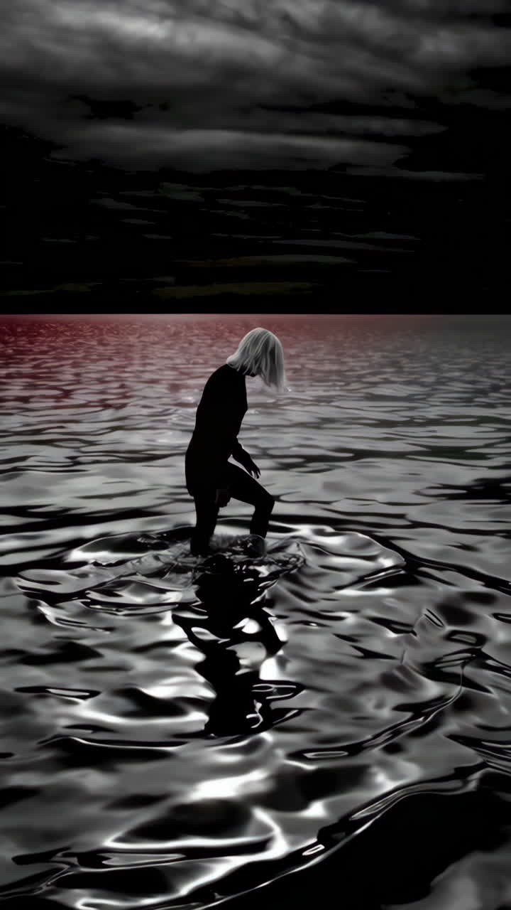 одинокая фигура идет по темному, отражающему, наполненному водой пейзажу на закате.