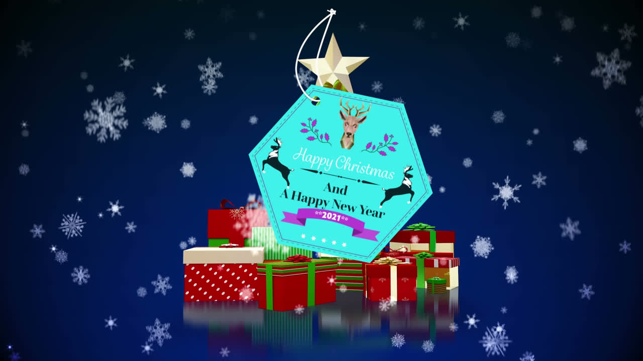 크리스마스 축하와 선물과 함께 크리스마스 트리 위에 내리는 눈의 애니메이션