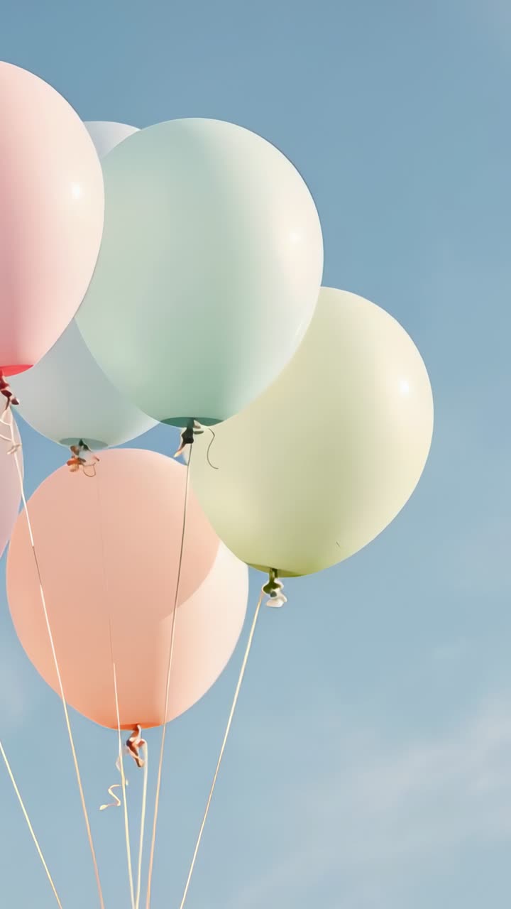 Video verticale: cinque palloncini che si alzano nel cielo blu spinti da una leggera brezza, nodi e fili, spazio per la copia