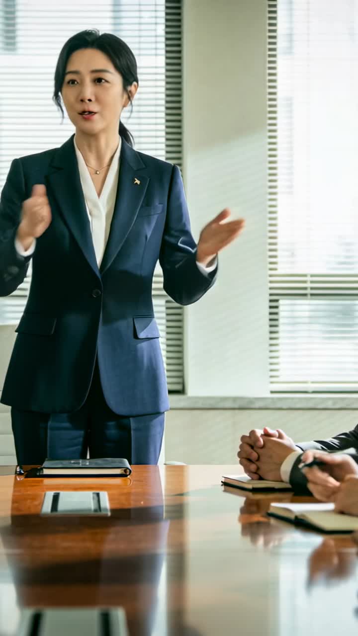 Vertical video: Starting meeting standing exec in navy suit gesturing and asking input in boardroom