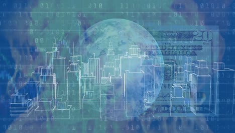 Animación-De-Ciudad-Digital-Y-Billete-De-Dólar-Sobre-Procesamiento-De-Datos-Y-Globo-Sobre-Fondo-Azul