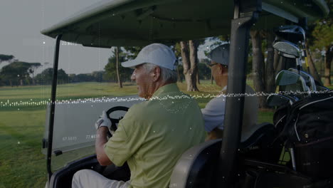 Elderly men driving golf cart with data processing animation over green course