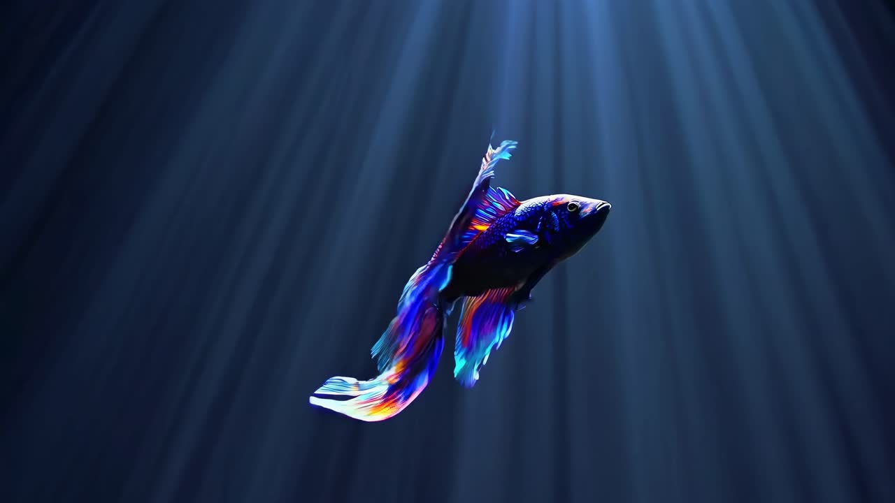 Un vivace pesce betta nuota con grazia, ripreso da un'inquadratura dal basso