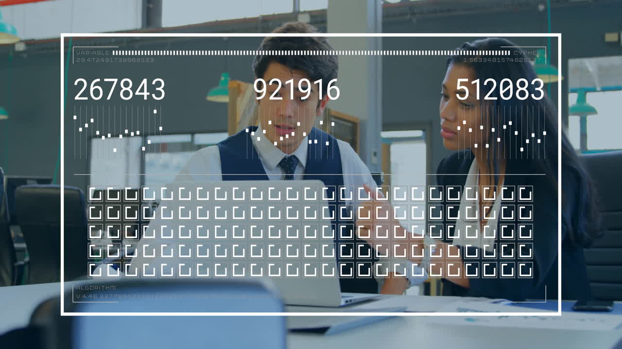 In school, animation overlaying digital numbers and graphs, professionals discussing data