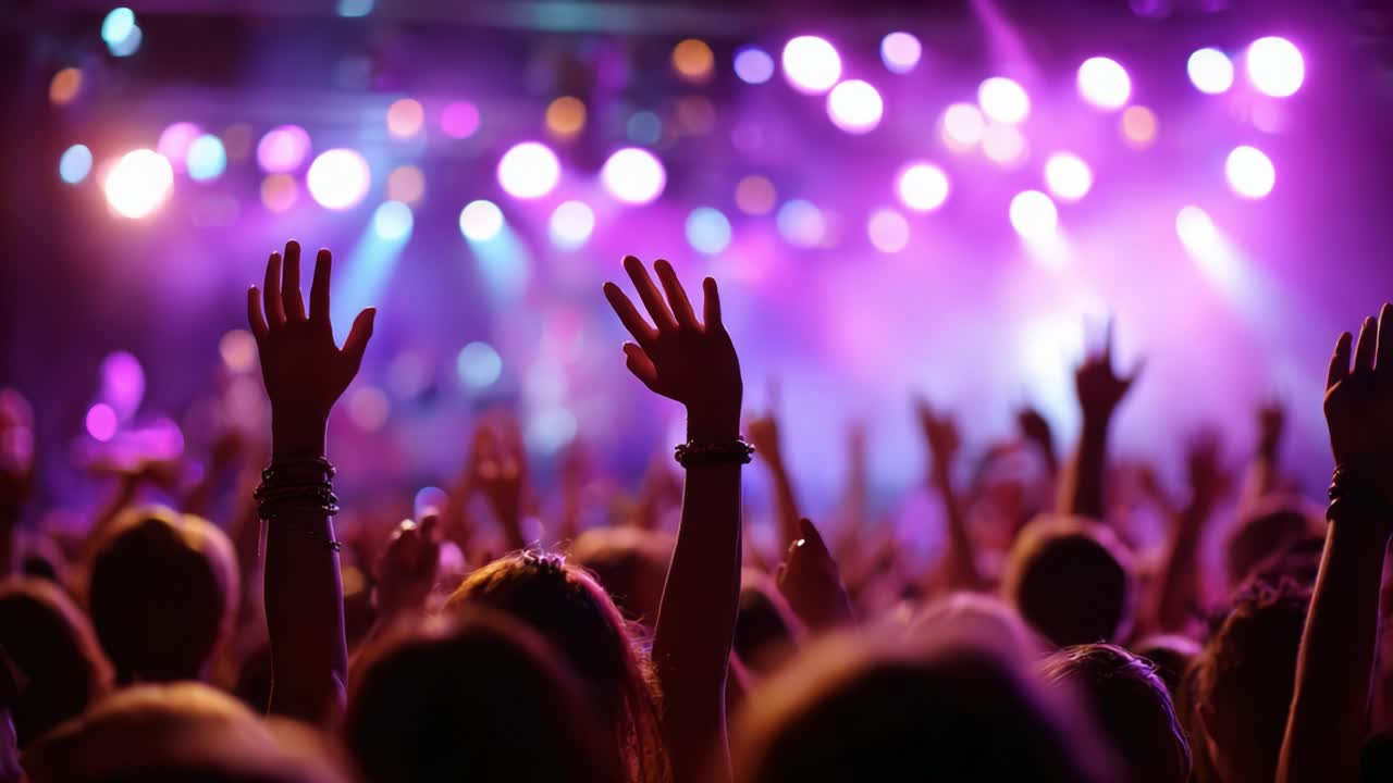 Una folla dinamica che alza le mani gioiosa durante un vivace concerto con luci colorate, catturando l'energia e l'emozione dell'esperienza della musica dal vivo
