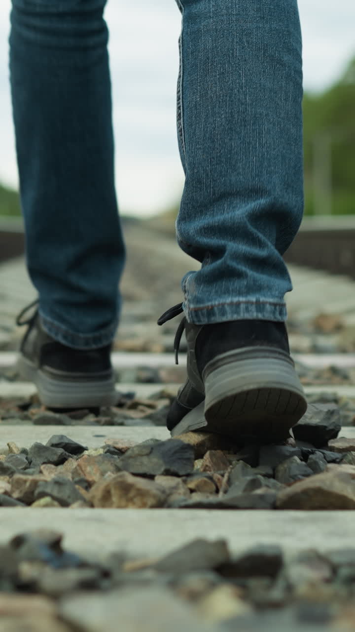 vista de cerca de las piernas de un hombre, vestido con vaqueros y zapatos de lona, caminando solo por vías ferroviarias rocosas con una vista borrosa de árboles y postes eléctricos