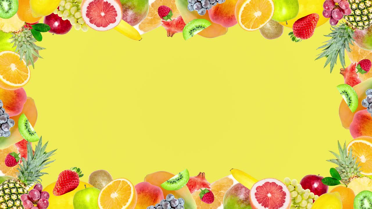 animación de video stop motion creativa de muchas framas diferentes de frutas exóticas tropicales brillantes que aparecen y desaparecen rápidamente en un fondo amarillo de verano. bucle sin costuras.