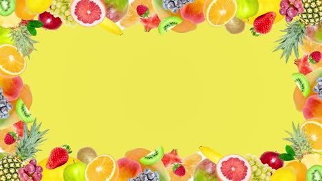 creative 4k stop motion video animation of many different exotic tropical bright fruits frame quickly appearing and disappearing on a summer yellow background. seamless loop.