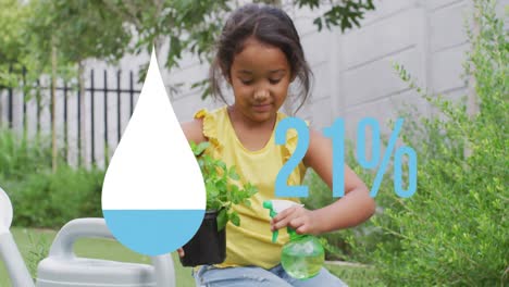 Animation-of-water-drop-and-percents-over-biracial-girl-planting-plants