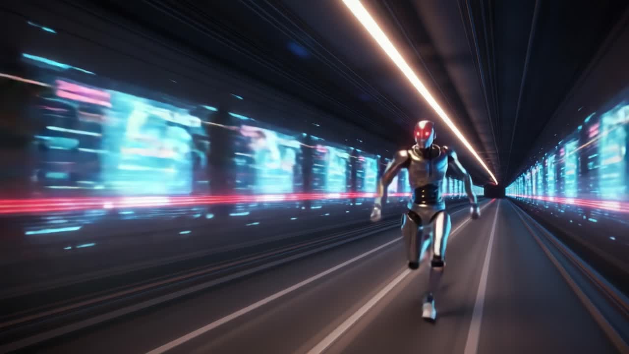 Futuristic Robot Sprinting Through a Neon-Lit Tunnel Surrounded by Digital Advertisement Displays, Showcasing Advanced Motion and Cybernetic Design in a High-Tech Cityscape