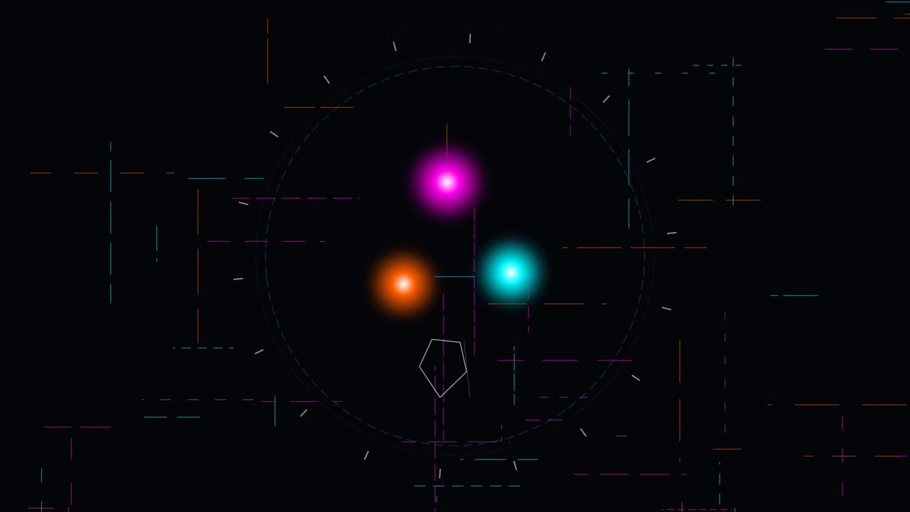 Abstract Digital Interface with Rotating Glowing Orbs and Geometric Elements