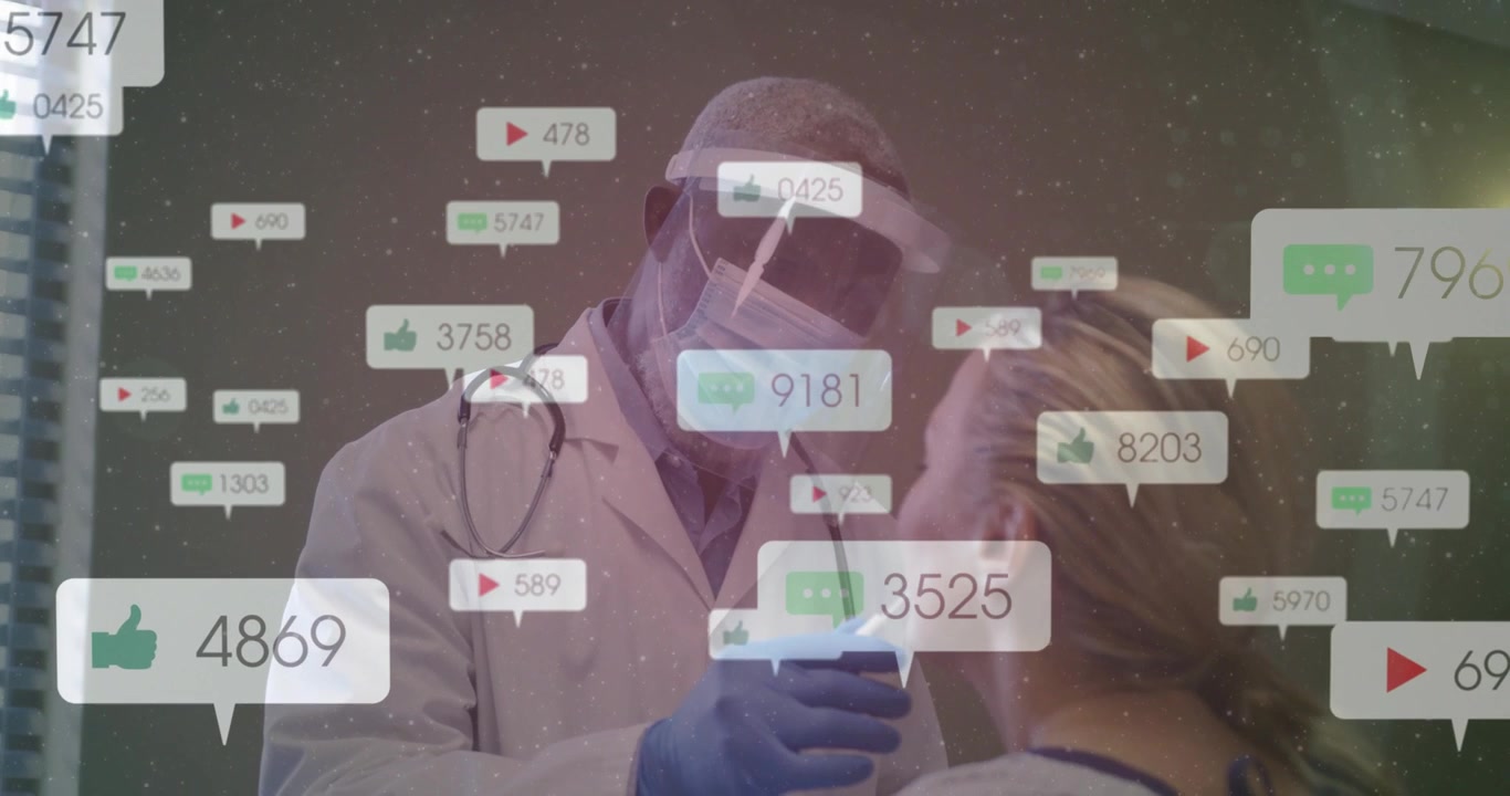 Paciente inclinando a cabeça enquanto o médico insere um cotonete nasal para teste clínico, com ícones sociais aumentando.