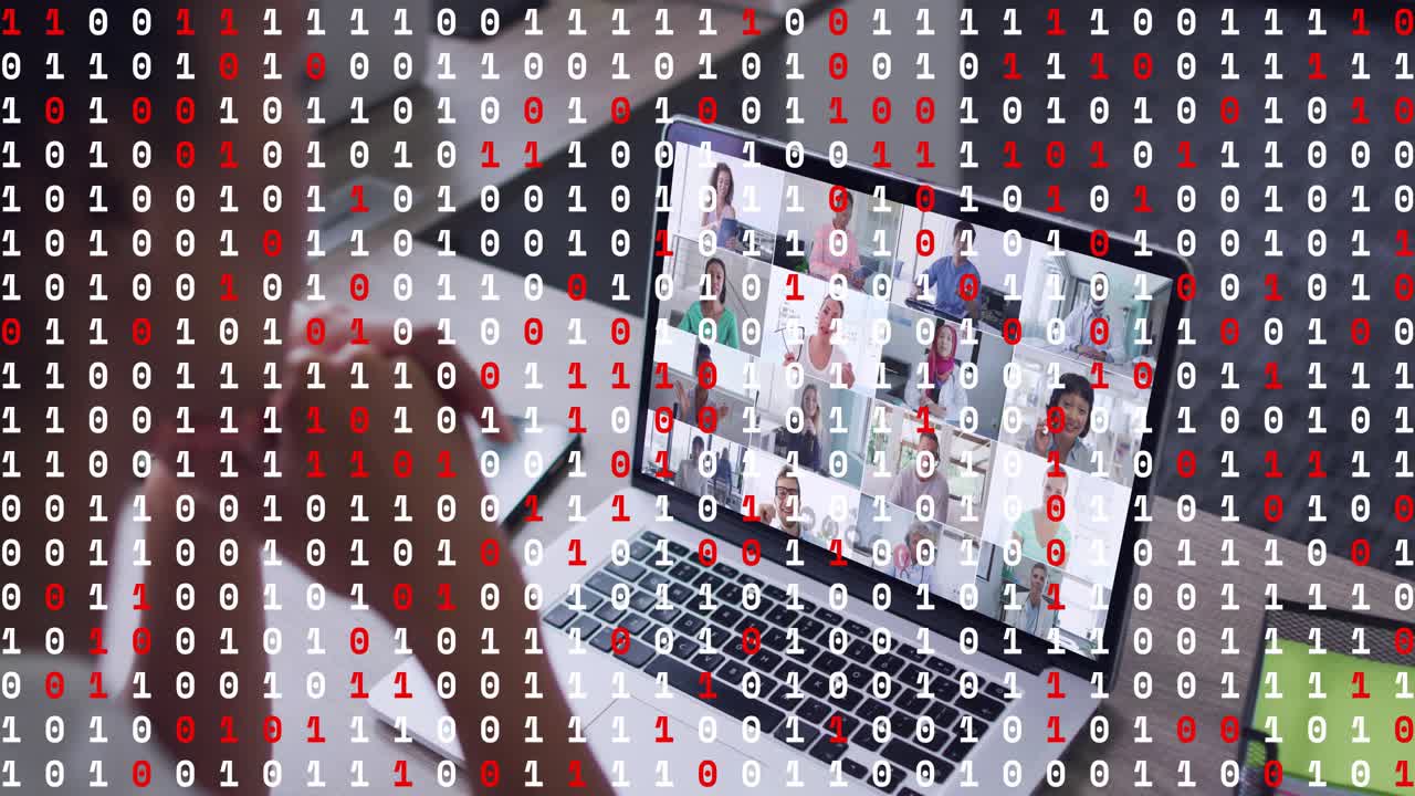 Person typing laptop, frame shifting right, binary overlay scrolling over tiles for business